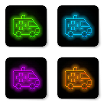 Glowing neon line Ambulance and emergency car icon isolated on white background. Ambulance vehicle medical evacuation. Black square button. Vector
