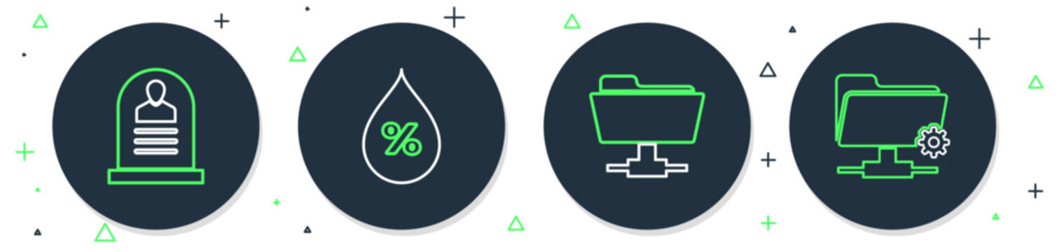 Set line Water drop percentage, FTP folder, Tombstone with RIP written and settings icon. Vector