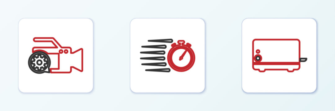 Set line Toaster, Video camera setting and Stopwatch icon. Vector
