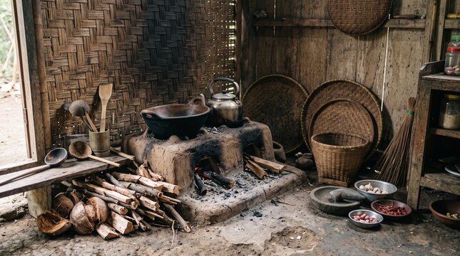 Traditional Indonesian village kitchen with a clay wood-burning stove, bamboo walls, and rustic cooking utensils