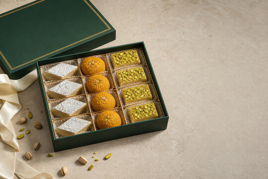 Traditional Indian mithai sweets in elegant Diwali gift box with kaju katli ladoo and pistachio barfi on ivory table