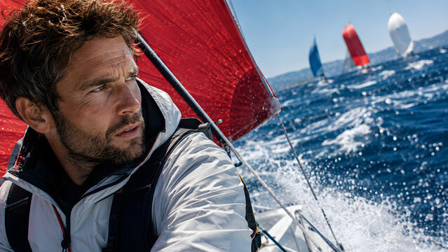 Male sailor in a gray jacket looks across the course beside a red sail as multiple yachts race offshore.