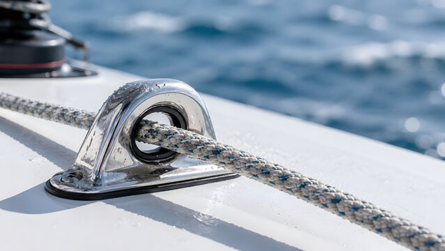 Metal rope guide with a sailing line runs across a white yacht deck during competitive offshore racing on open water.