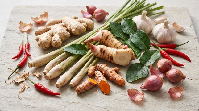 Fresh Indonesian spices and herbs including ginger, turmeric, galangal, lemongrass, kaffir lime leaves, chilies, garlic and shallots on stone surface