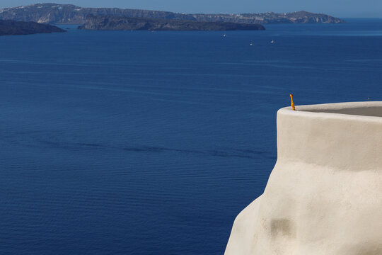 Rubber chicken overlooking the Santorini caldera in Greece. Absurd comedy slapstick humor.