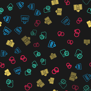 Set line Weight, Dental protection, Medical hospital building and Wedding rings on seamless pattern. Vector