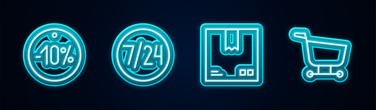 Set line Ten discount percent tag, Clock 24 hours, Cardboard box with traffic symbol and Shopping cart. Glowing neon icon. Vector