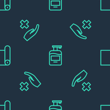 Set line Bottle of liquid soap, Cross hospital medical and Fitness mat roll on seamless pattern. Vector