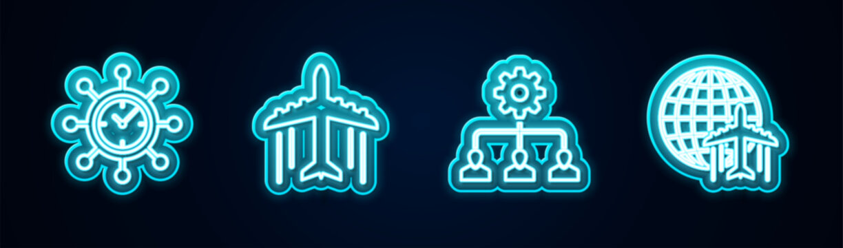 Set line Clock and gear, Plane, Lead management and Globe with flying plane. Glowing neon icon. Vector
