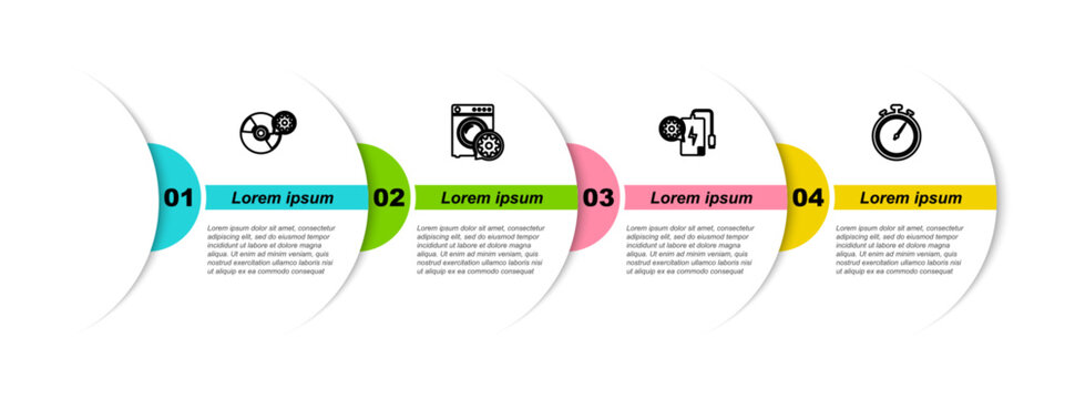 Set line CD or DVD disk setting, Washer, Power bank and Stopwatch. Business infographic template. Vector