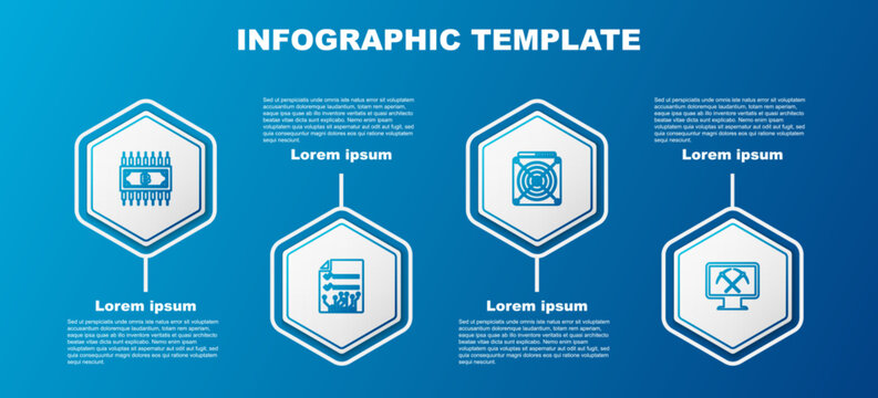 Set line Cryptocurrency bitcoin with circuit, Smart contract, ASIC Miner and Mining monitor and pickaxe. Business infographic template. Vector