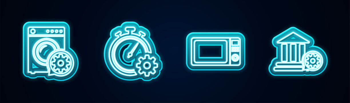 Set line Washer setting, Time management, Microwave oven and Bank building. Glowing neon icon. Vector