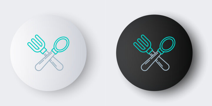 Line Crossed fork and spoon icon isolated on grey background. Cooking utensil. Cutlery sign. Colorful outline concept. Vector