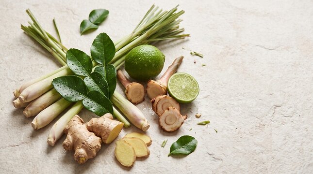 Fresh Southeast Asian Cooking Ingredients with Lemongrass, Kaffir Lime Leaves, Ginger, and Galangal on a Light Stone Surface