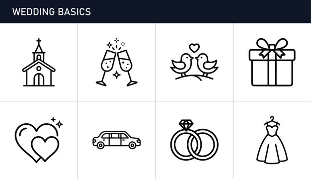 Wedding icons set with church, champagne, love birds, gift, hearts, limousine, rings and dress for event planning