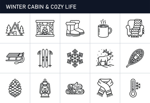 Winter cabin and cozy life line icons set with cabin, fireplace, boots, hot drink, armchair, sled, skis, snowflake, deer, snowshoe, pinecone, lantern
