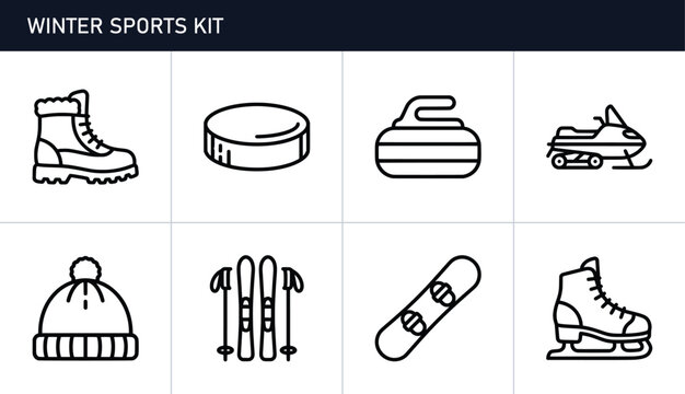 Winter sports equipment line icons set with boot, puck, stone, snowmobile, hat, skis, snowboard and skates for sport