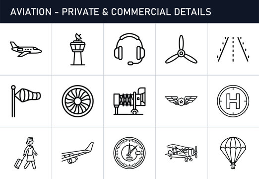 Aviation icons set with airplane, air traffic control tower, propeller and pilot for travel and transport apps