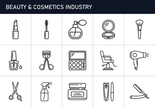 Beauty and cosmetics industry line icons set with makeup and hair tools, salon and personal care