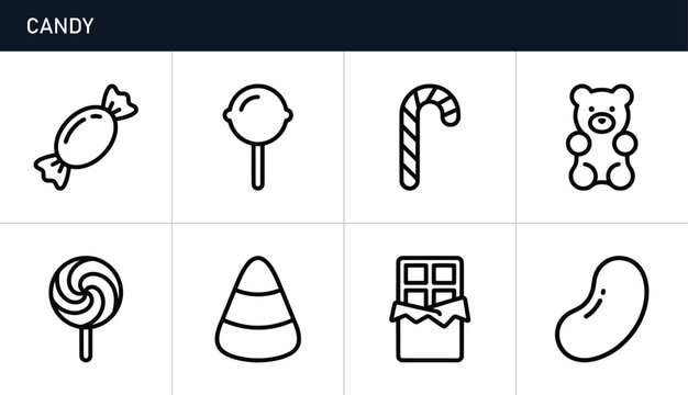 Candy icons set with lollipop, gummy bear, chocolate bar and jelly bean for sweets