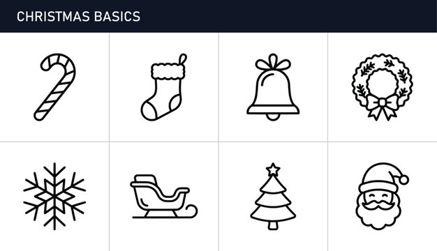 Christmas icons set with candy cane, stocking, bell, wreath, snowflake, sleigh, tree and Santa for holiday design