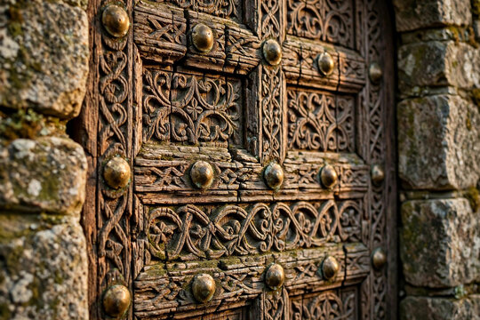 Antique carved wooden door with brass studs, medieval entrance in stone wall, intricate wood carving texture, rustic historical architecture