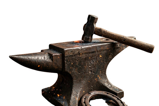 Antique iron anvil with heavy blacksmith hammer, rustic metalwork tools for traditional forging, dark cast iron anvil isolated on white background