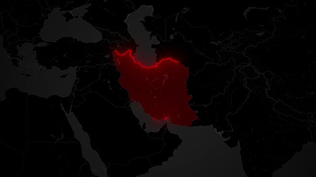 Iran Map Glowing Red Border Highlight on Dark World Map Animation