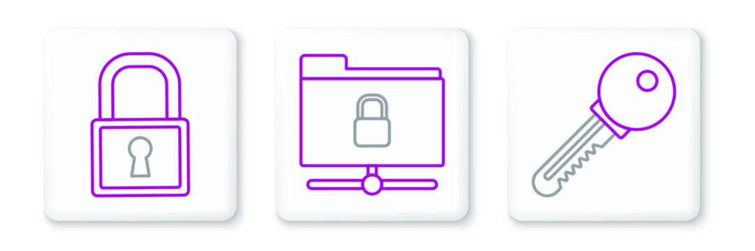 Set line Key, Lock and FTP folder and lock icon. Vector