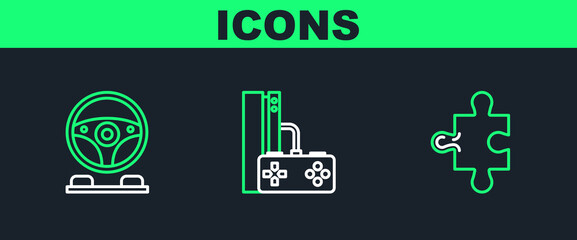 Set line Piece of puzzle, Racing simulator cockpit and Game console with joystick icon. Vector © Oksana