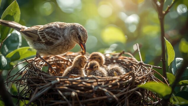 Bird feeding its young in a nest, suitable for nature, wildlife or animal photography