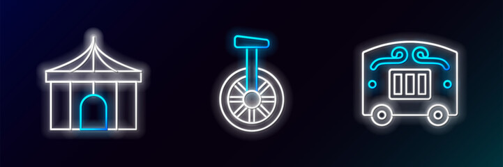Set line Circus wagon, tent and Unicycle or one wheel bicycle icon. Glowing neon. Vector © Oksana