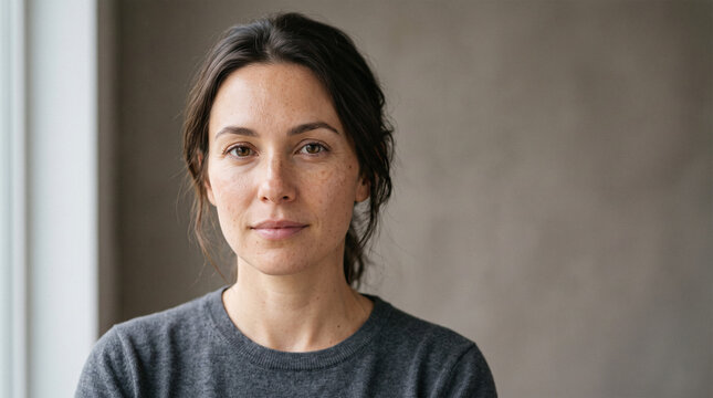 Portrait of calm woman with freckles and dark hair in gray sweater