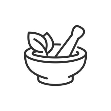 Mortar and pestle with herbs, linear icon. Herbal medicine preparation, phytotherapy and grinding medicinal plants. Line with editable stroke.