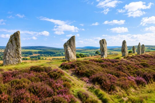 Nine maidens stone row in purple heather on dartmoor