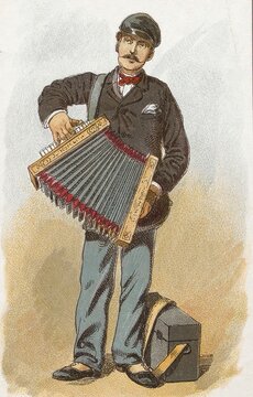 Viennese types by Ladislav Eugen Petrovits (1839, 1907), painter from Austria. Harmonica player, man playing the accordion, presumably as a street musician