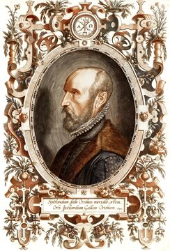 Abraham Ortelius, 1527 &ndash; 1598, Flemish scholar, cartographer, geographer and cosmographer, digitally edited based on a historical illustration by Philip Galle