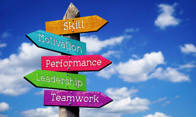 Skill, motivation, performance, leadership, teamwork - wooden signpost with five arrows, sky with clouds © PX Media