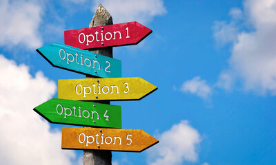 Option 1, 2, 3, 4, 5 - wooden signpost with five arrows, sky with clouds © PX Media