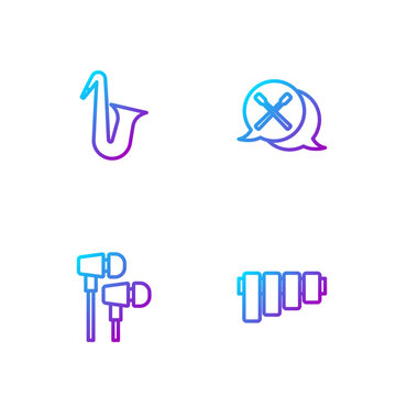 Set line Pan flute, Air headphones, Musical instrument saxophone and Drum sticks. Gradient color icons. Vector