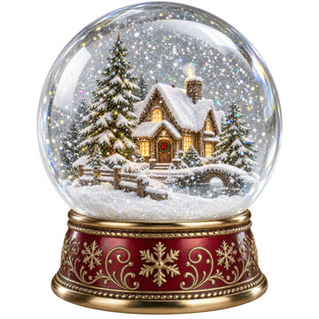 Christmas Snow Globe with Cottage on Burgundy Base