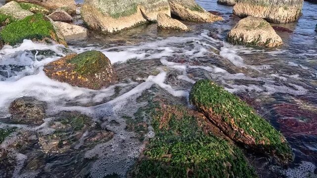 Freshwater flows into the coastal zone of the Black Sea, characterized by a rocky seabed and boulders covered with green macroalgae
