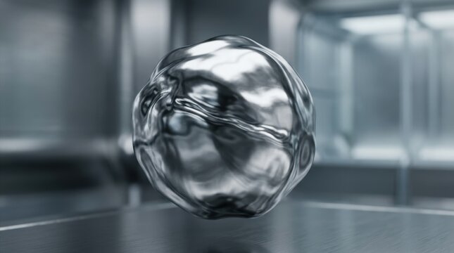 Liquid metal blobs merging into one silver mass with reflective abstract form