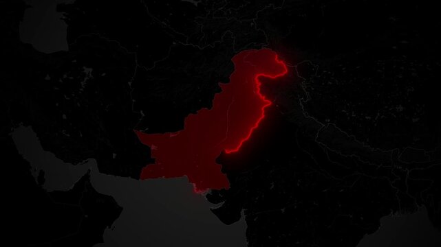 Pakistan Map Glowing Red Border Highlight on Dark World Map Animation