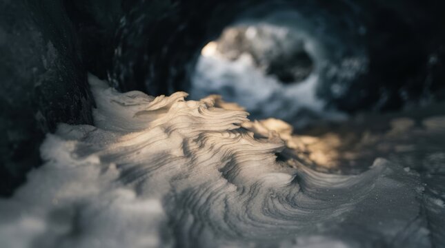 Wind carved snow drifts inside a cave shelter, with morning light warming the frozen crests.