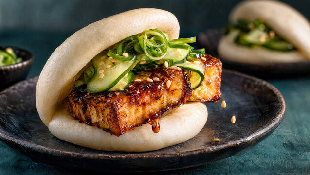 Steamed bao bun filled with ginger soy glazed tofu and pickled cucumber slices. Topped with falling sesame seeds on a dark plate. Asian fusion plant-based vegan street food appetizer close-up