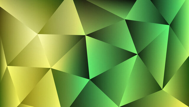 Abstract low poly geometric triangles background in green and yellow gradient colors with grainy texture for futuristic tech presentations and digital art