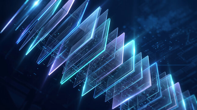 Modular cloud platform architecture concept, row of blue teal glass panels 3d rendering background. SaaS infrastructure and scalable software solution