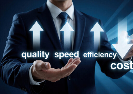 Businessman uses digital interface to show corporate growth. Man presents strategy for higher quality, speed, efficiency. Glowing arrows point up cost arrow points down. Professional worker manages