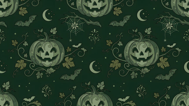 Seamless pattern with spooky pumpkins and bats for halloween